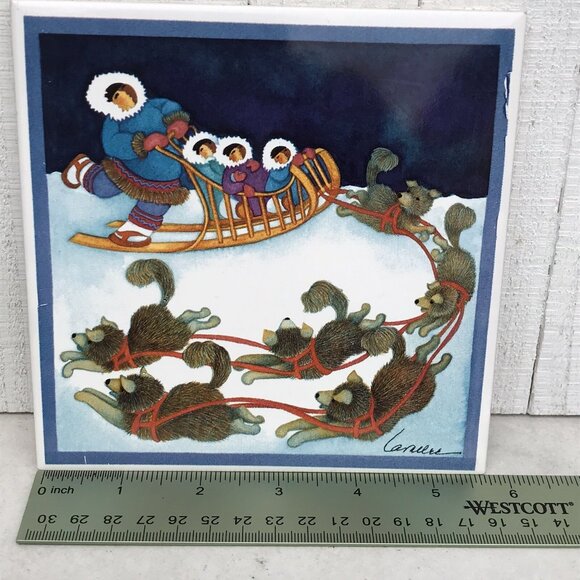 Alaska Inuit Dog Sled Ceramic Tile Barbara Lavallee 5.75" Wall Hanging Decor - Picture 5 of 7